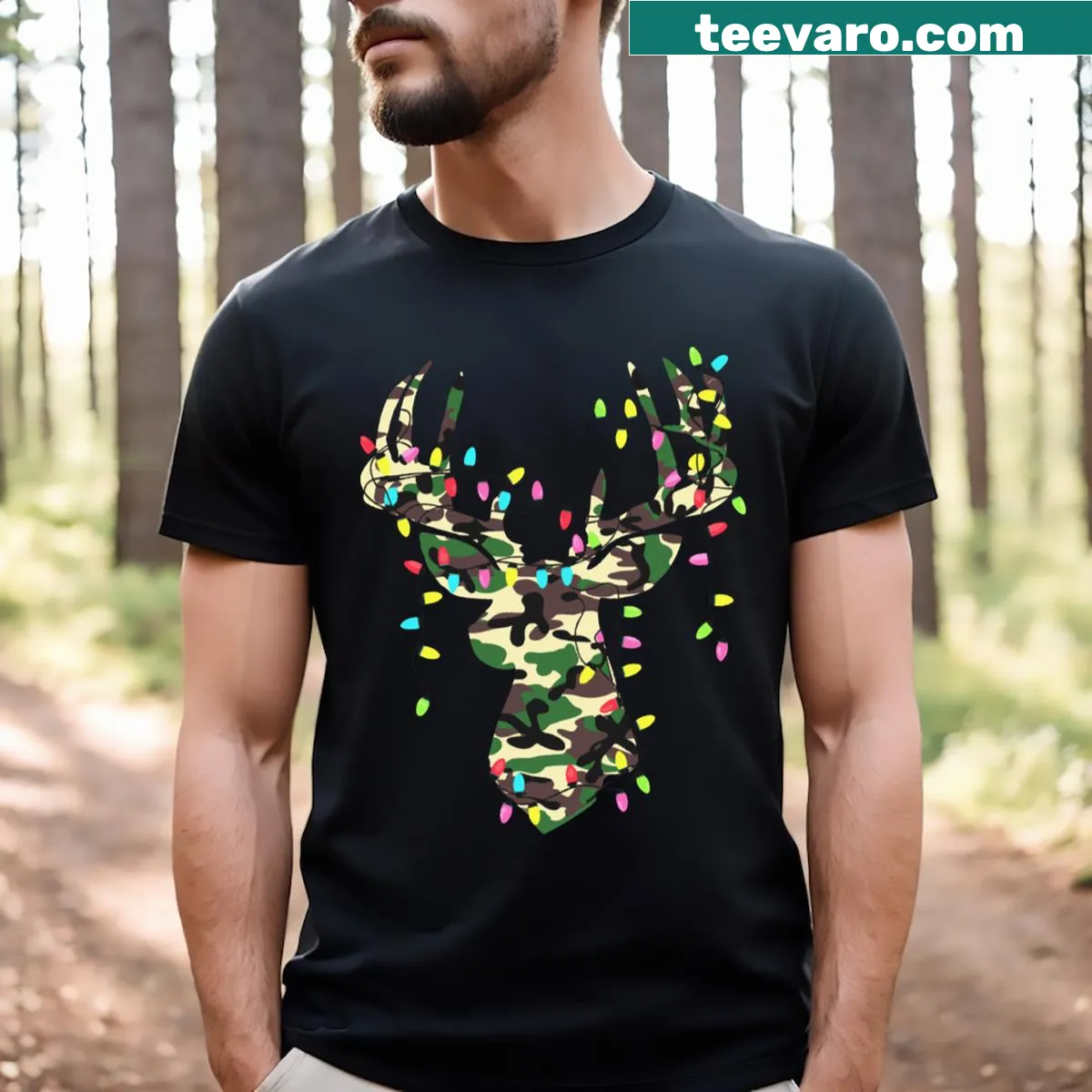 Vintage camo t-shirt with hunting reindeer and Christmas lights — on a men's t-shirt