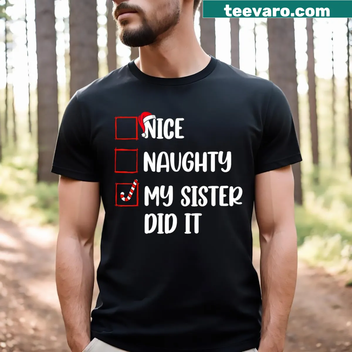 Illustration of 'Sister Did It' Christmas t-shirt — on a men's t-shirt