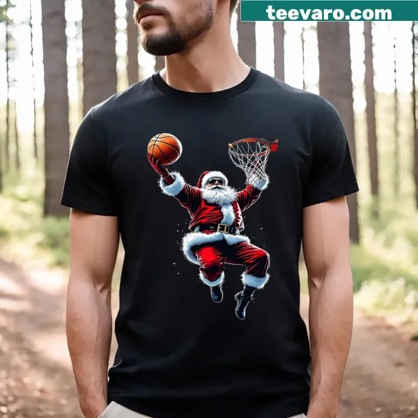 Cartoon Santa playing basketball for Christmas