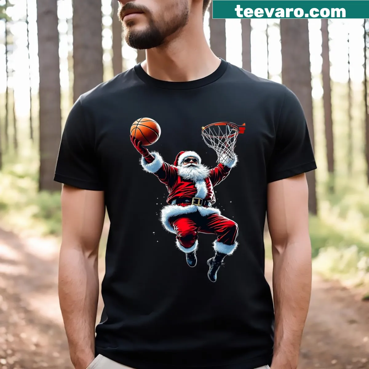 Cartoon Santa playing basketball for Christmas — on a men's t-shirt