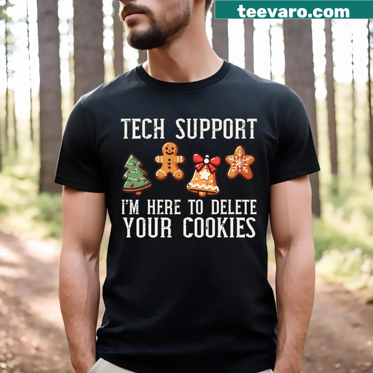 Funny Christmas tech support t-shirt with cookies graphic — on a men's t-shirt