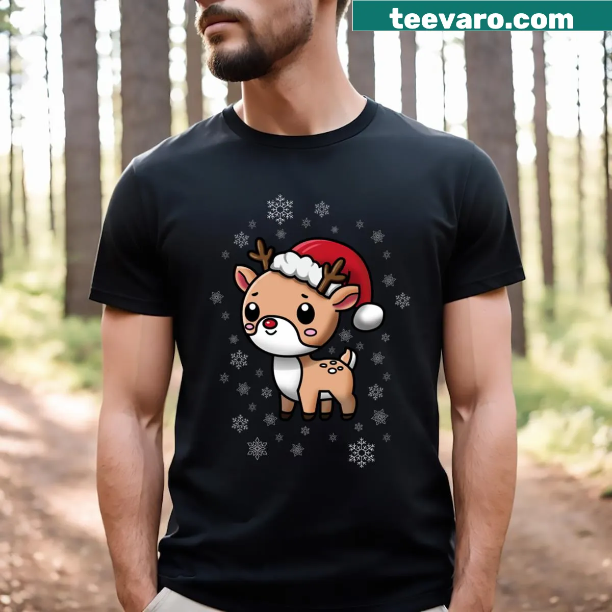 Cute Christmas reindeer T-shirt with playful illustration — on a men's t-shirt