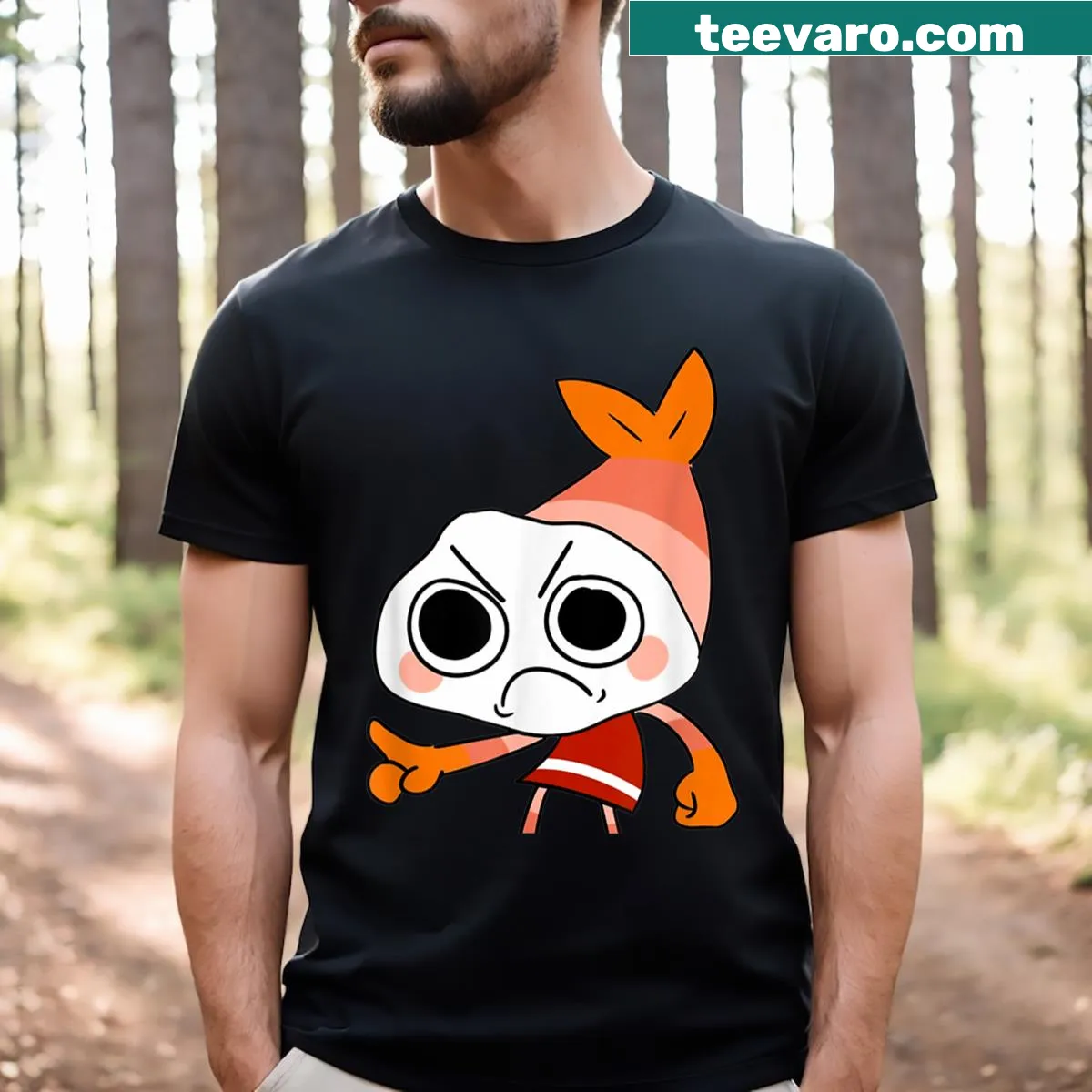 Whimsical Shrimpo character Christmas T-shirt for kids and adults — on a men's t-shirt