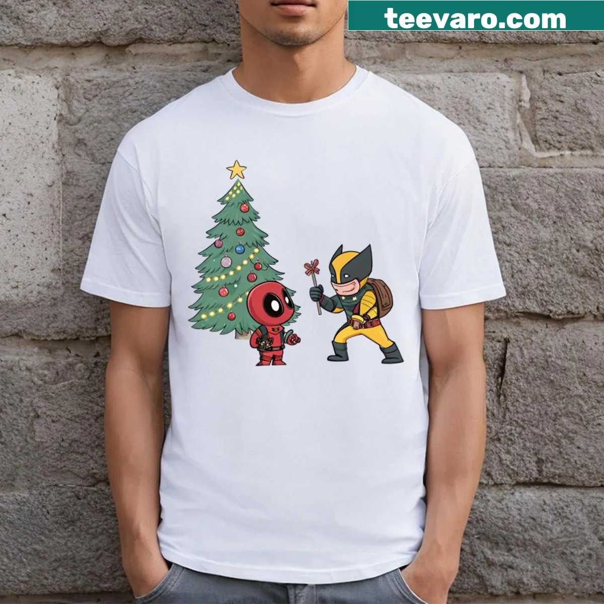 Funny T-shirt featuring Deadpool and Wolverine for Christmas — on a men's t-shirt