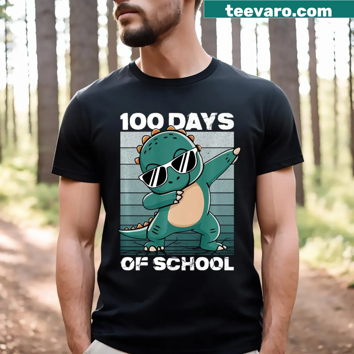 Dabbing dinosaur graphic on a T-shirt for 100th day of school celebration — on a men's t-shirt
