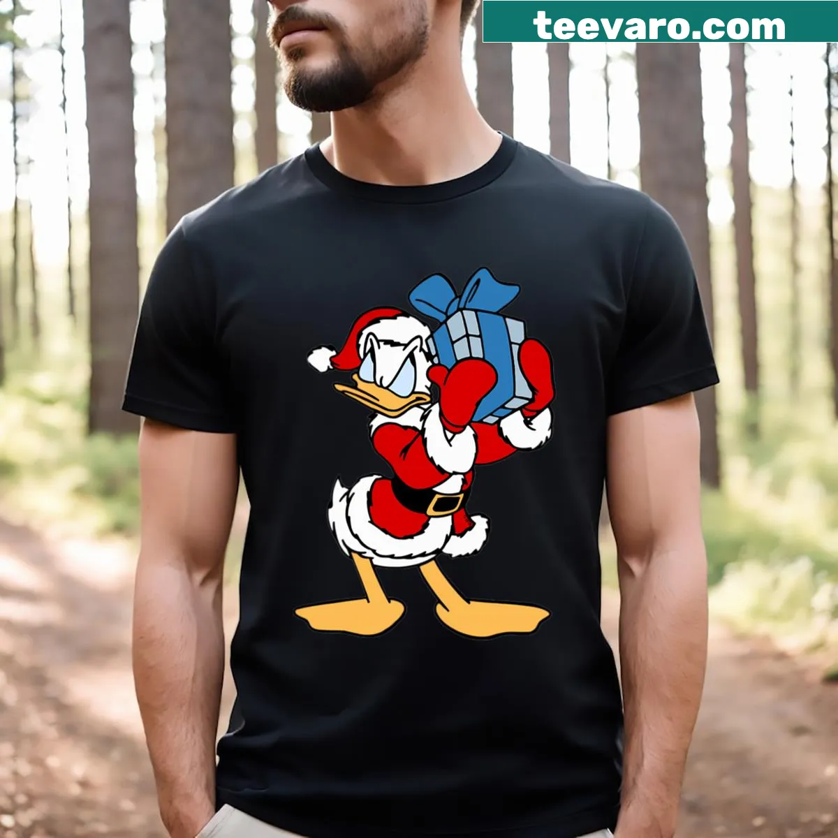 Sceptical Donald graphic on a Christmas-themed t-shirt — on a men's t-shirt