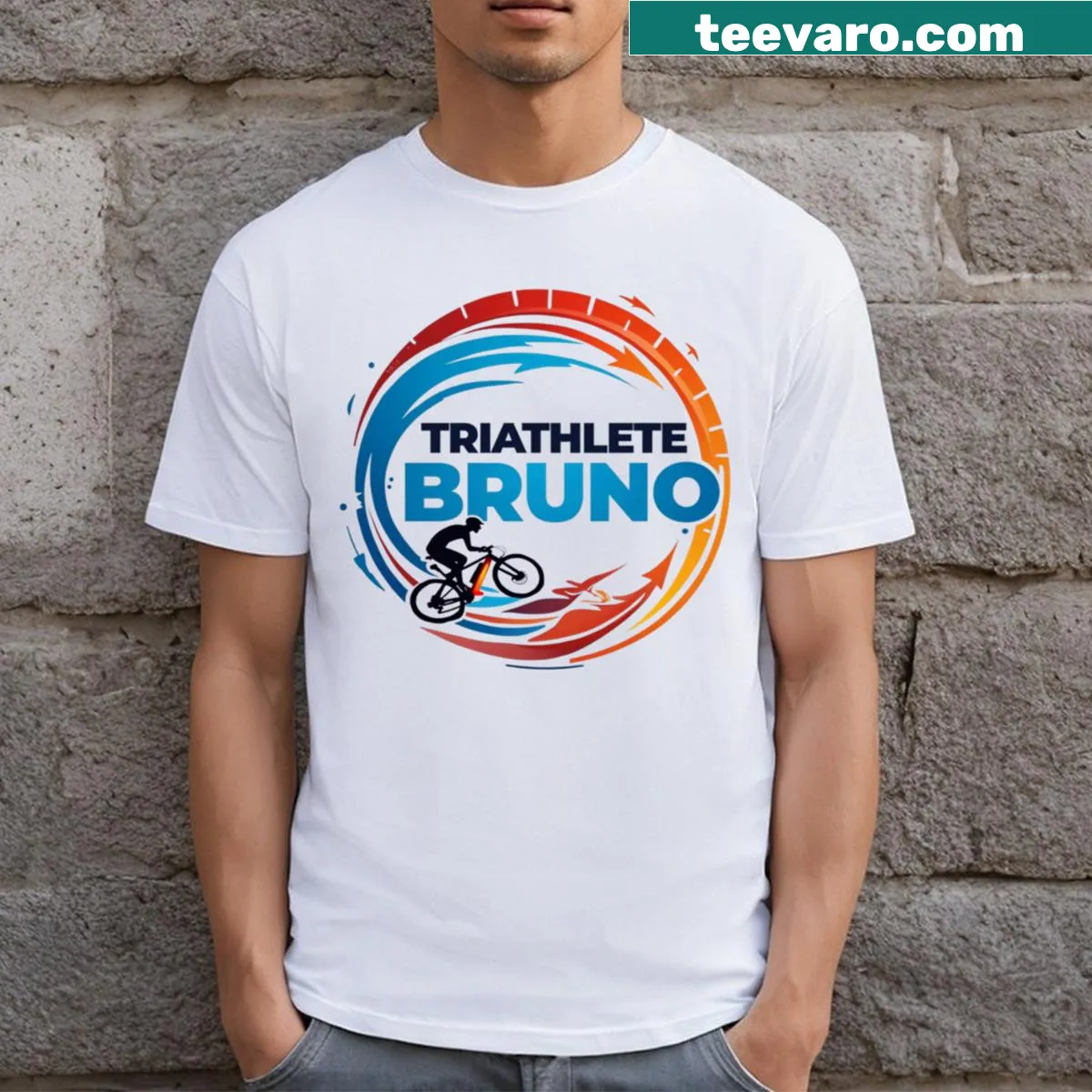 T-shirt featuring 'Dynamic Triathlete Bruno Swim Bike Run' in bold text — on a men's t-shirt