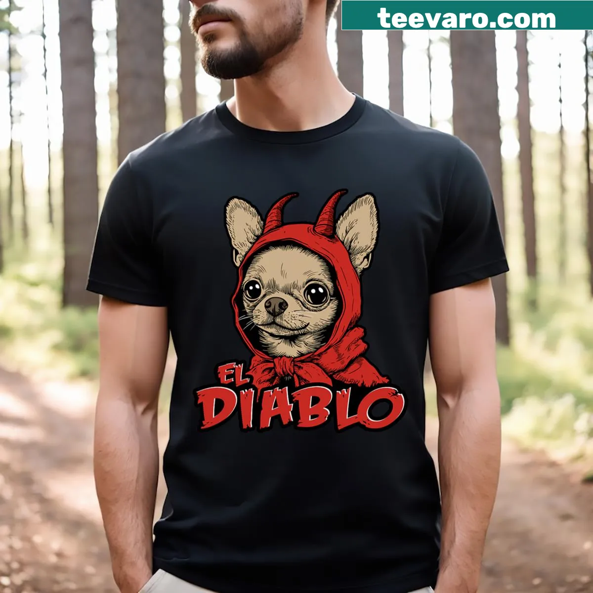 Funny Chihuahua T-shirt with a dog in horns and a hood illustration — on a men's t-shirt