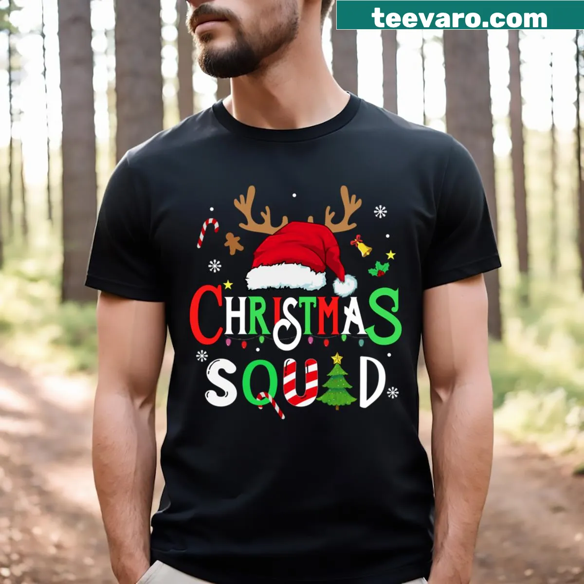 Matching family Christmas T-shirt with Santa and reindeer illustration — on a men's t-shirt