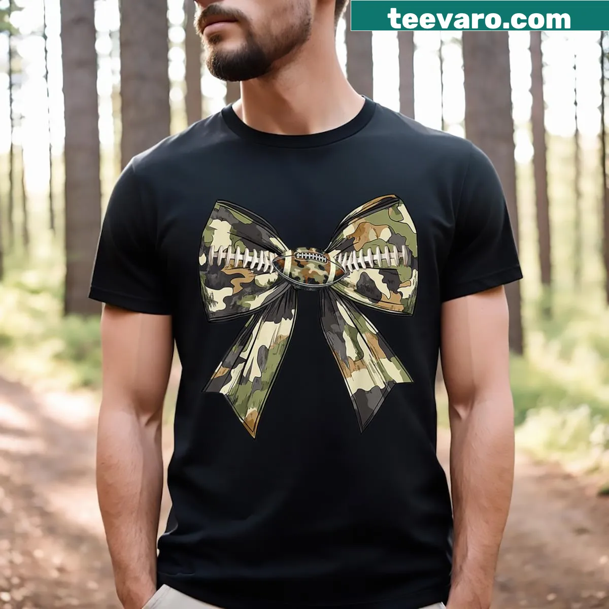 Cartoon camo T-shirt for hunting girls with football and bow design — on a men's t-shirt
