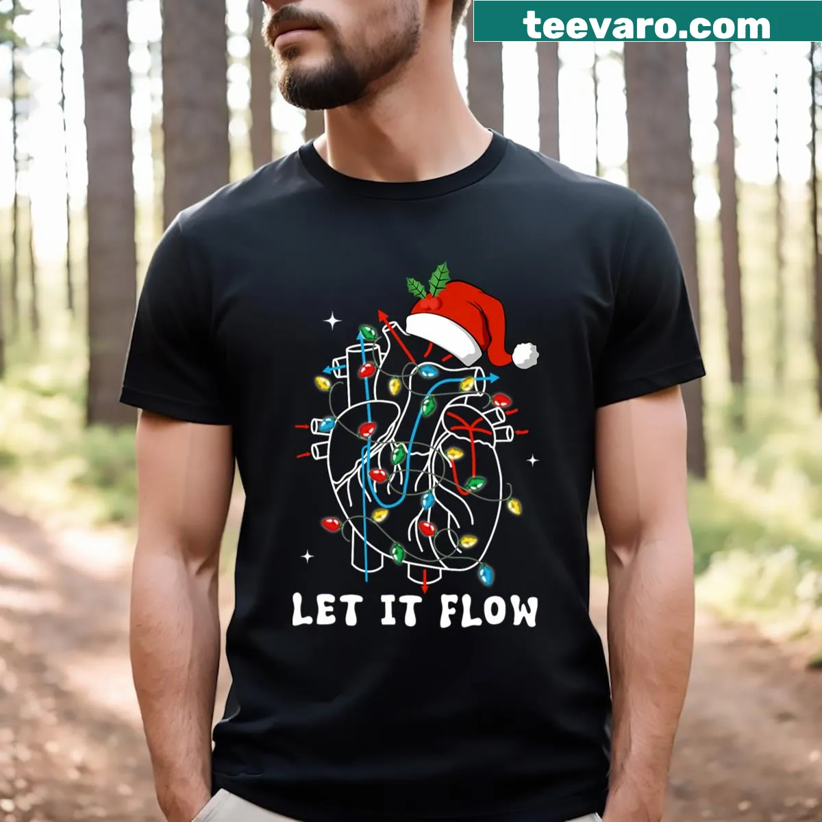 Funny cardiac nurse t-shirt with heart graphic and Santa hat — on a men's t-shirt