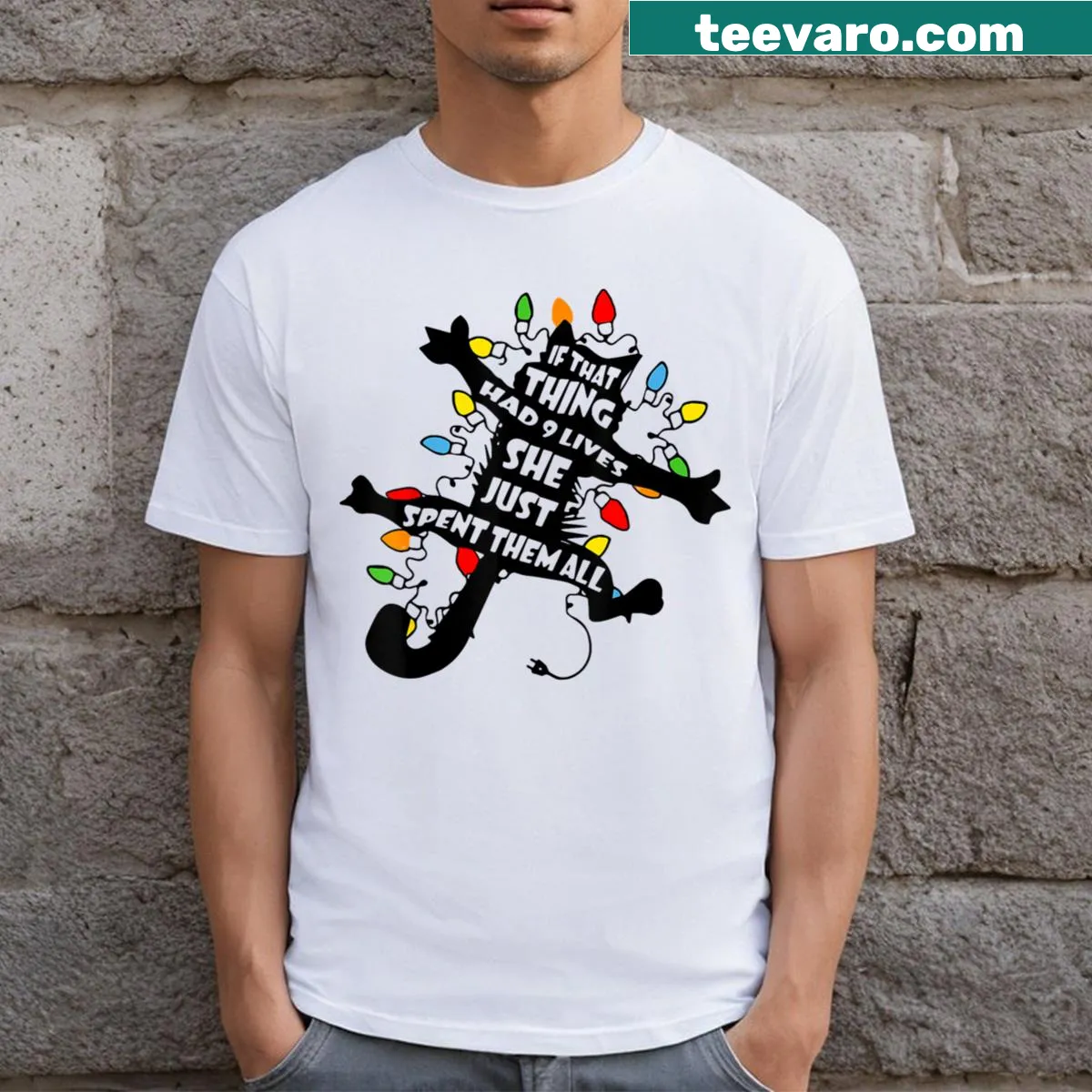 Funny Christmas t-shirt with 'Pussy Cat From Christmas Vacation' text — on a men's t-shirt