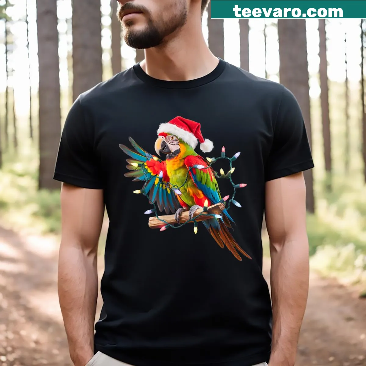 Santa with a Senegal parrot surrounded by Christmas lights — on a men's t-shirt