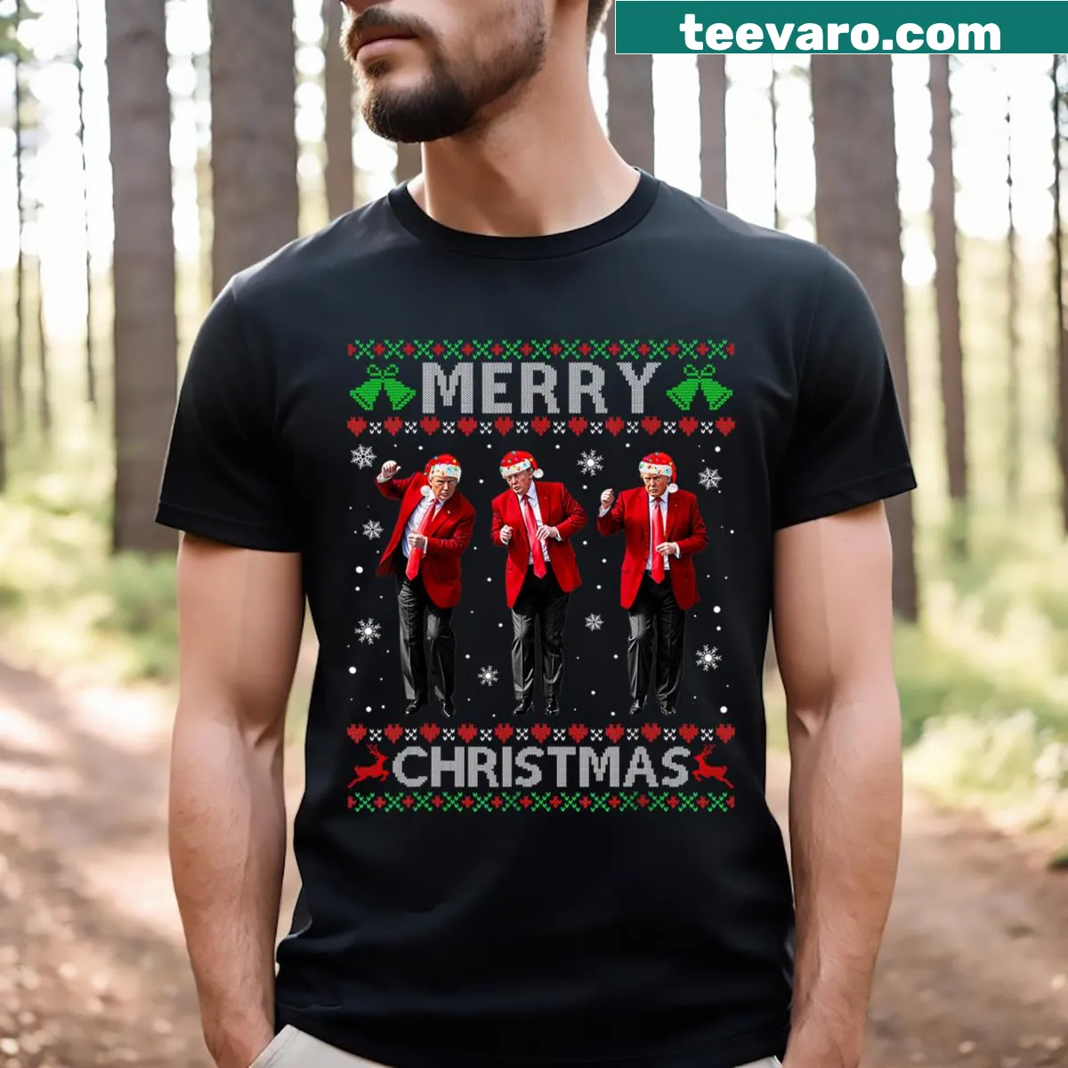 Funny dancing character with a Christmas theme — on a men's t-shirt
