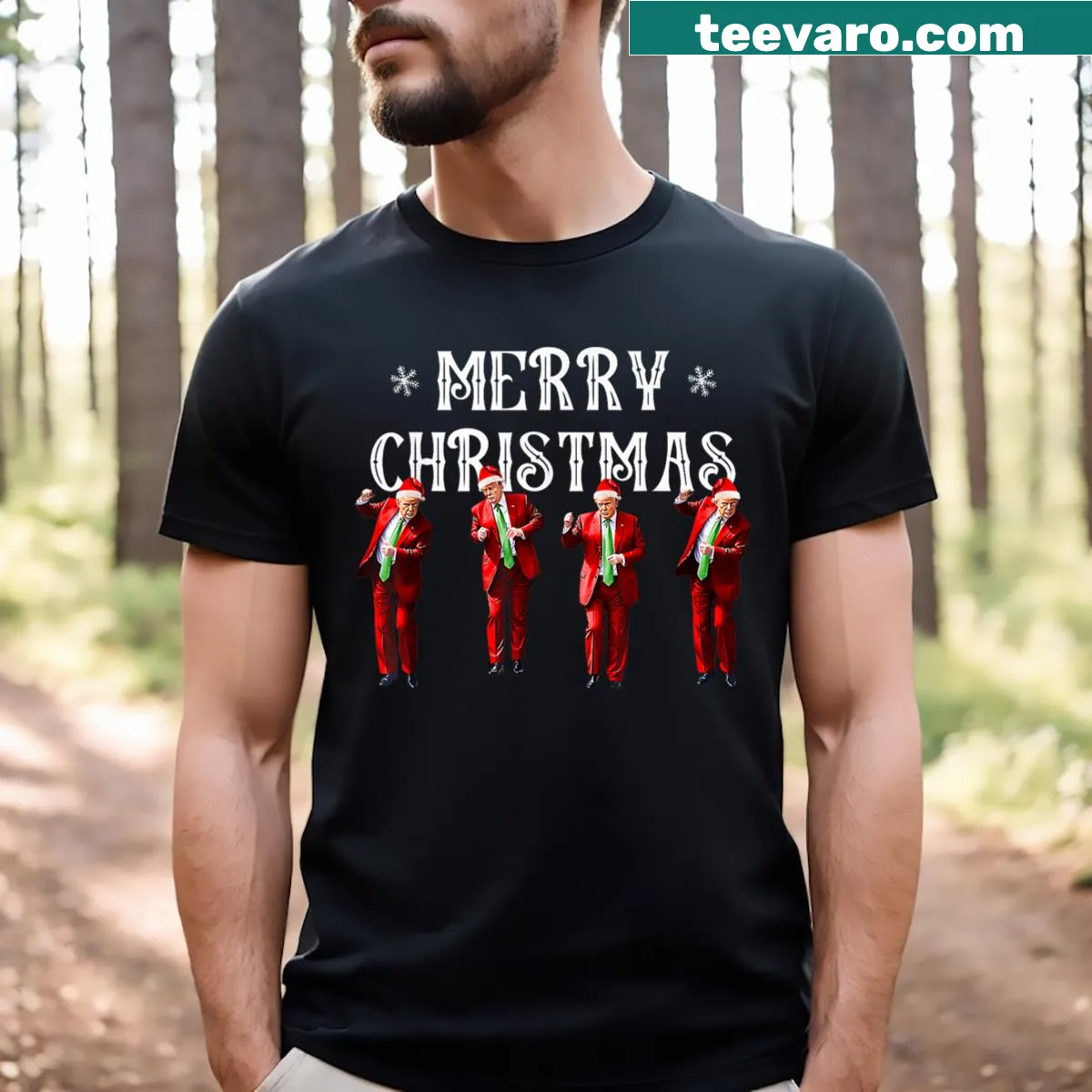 Santa dancing humorously with a Trump theme — on a men's t-shirt