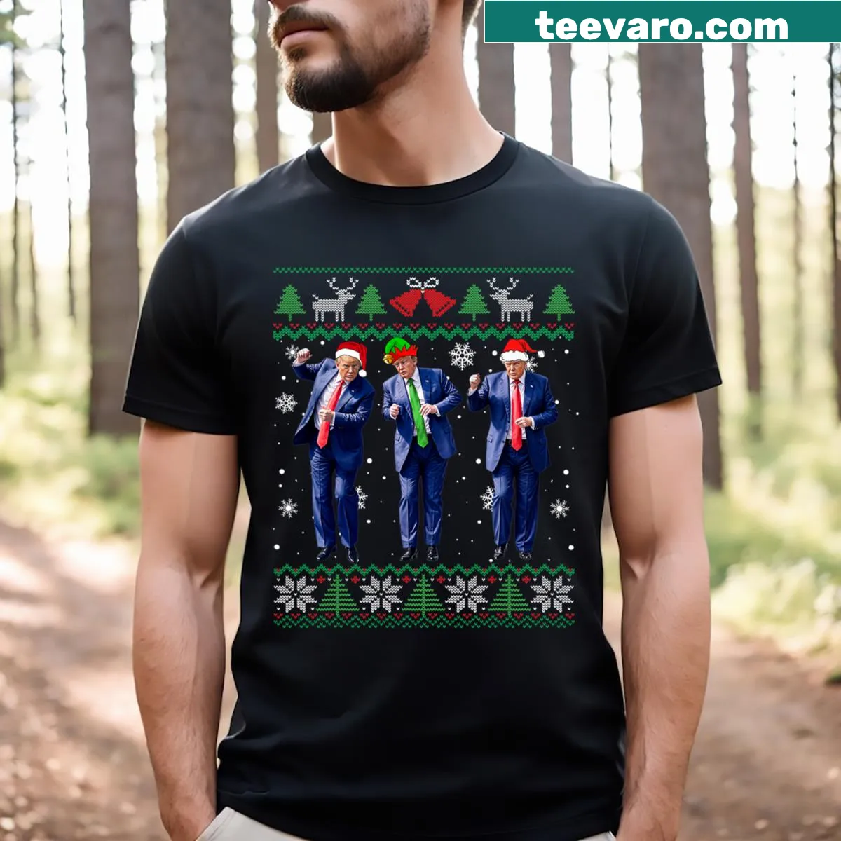Dancing character representing holiday and political themes — on a men's t-shirt