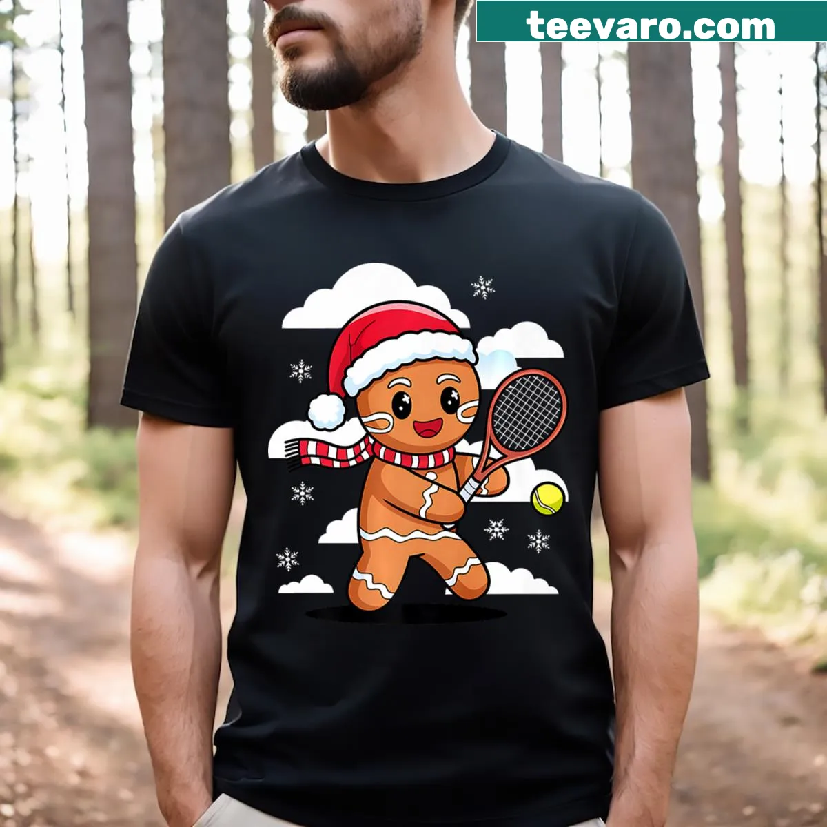 Gingerbread man playing tennis with a festive Christmas theme — on a men's t-shirt
