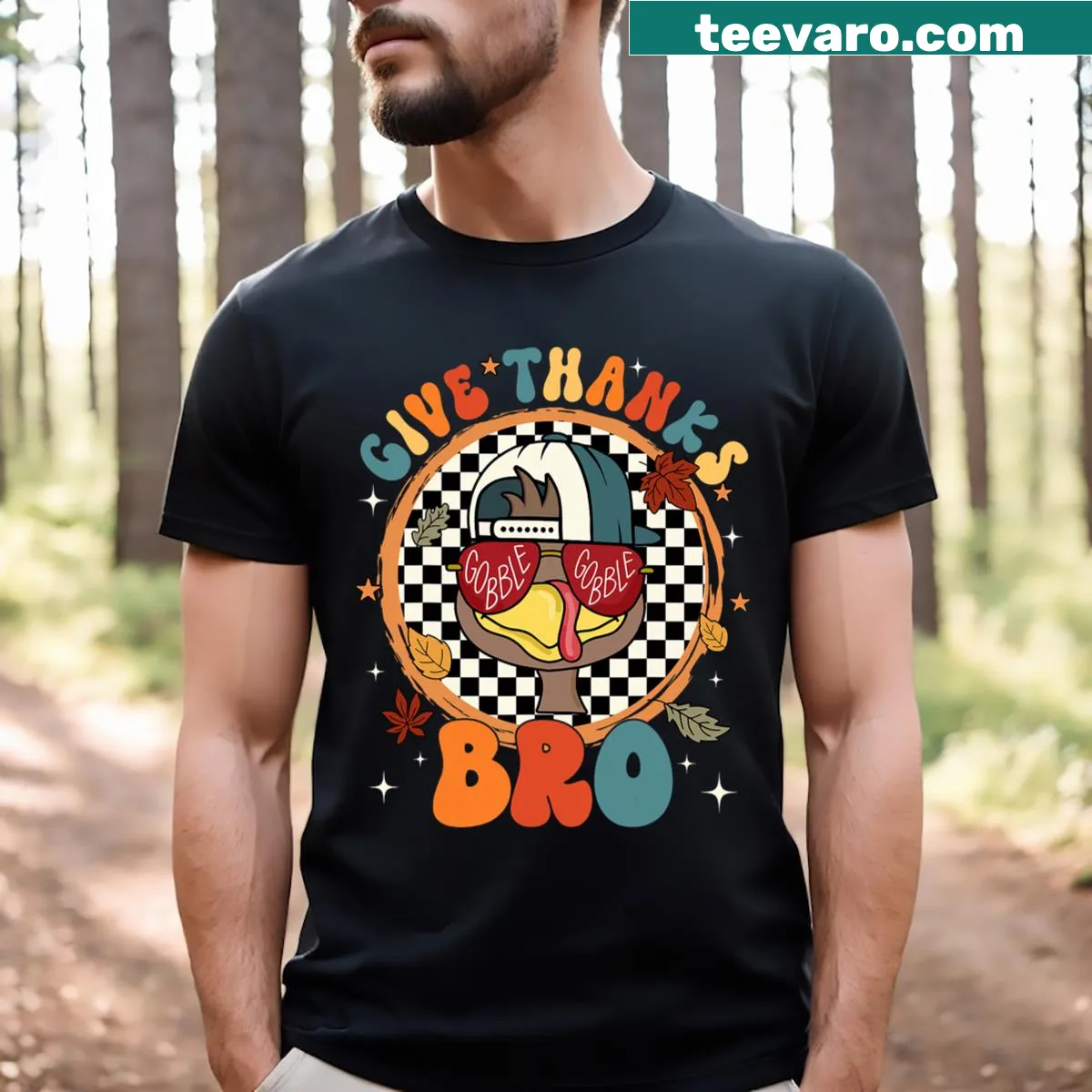 Cute turkey graphic t-shirt with the phrase 'Give Thanks Bro' for Thanksgiving. — on a men's t-shirt