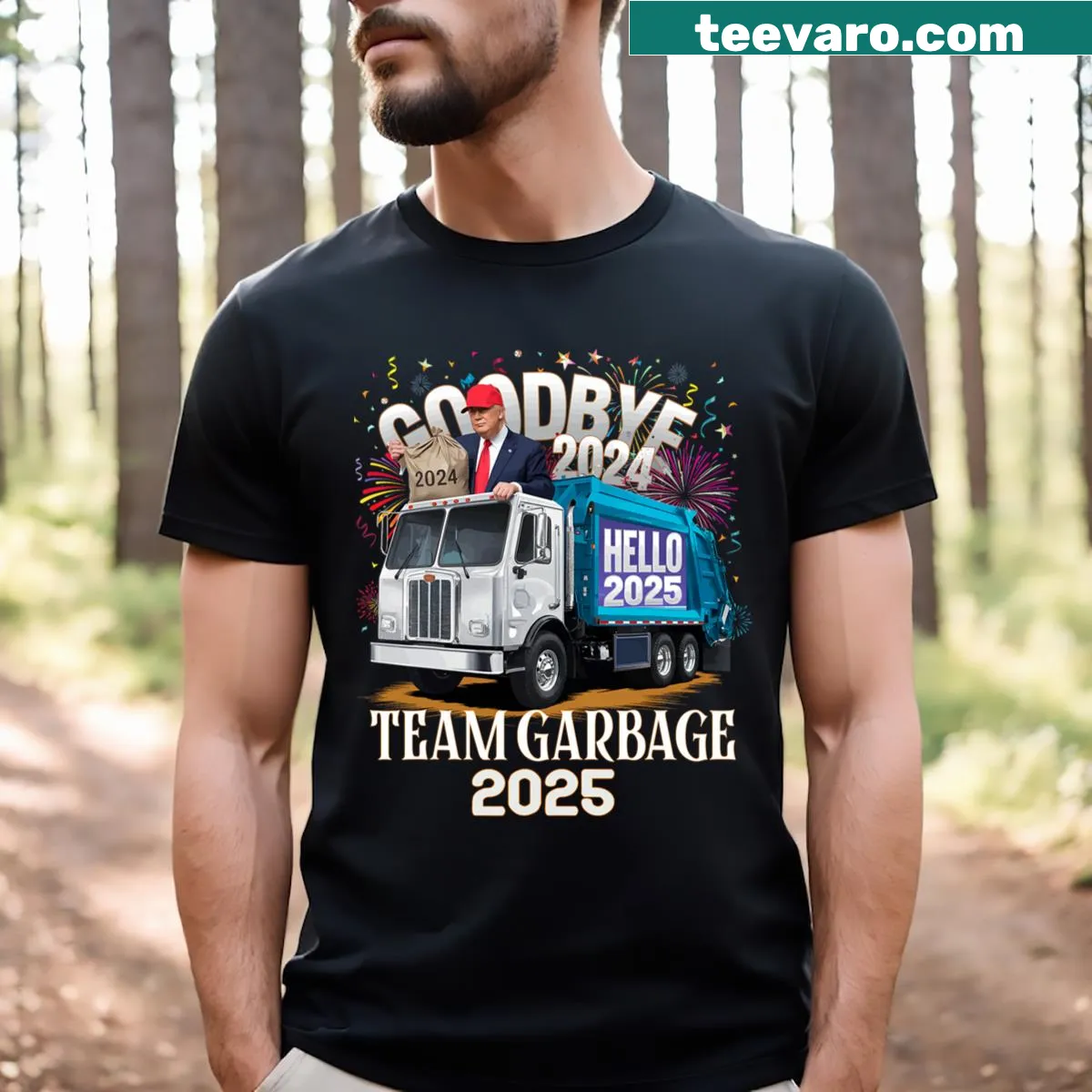 Playful t-shirt saying 'Goodbye 2024 Hello 2025' for New Year celebrations. — on a men's t-shirt