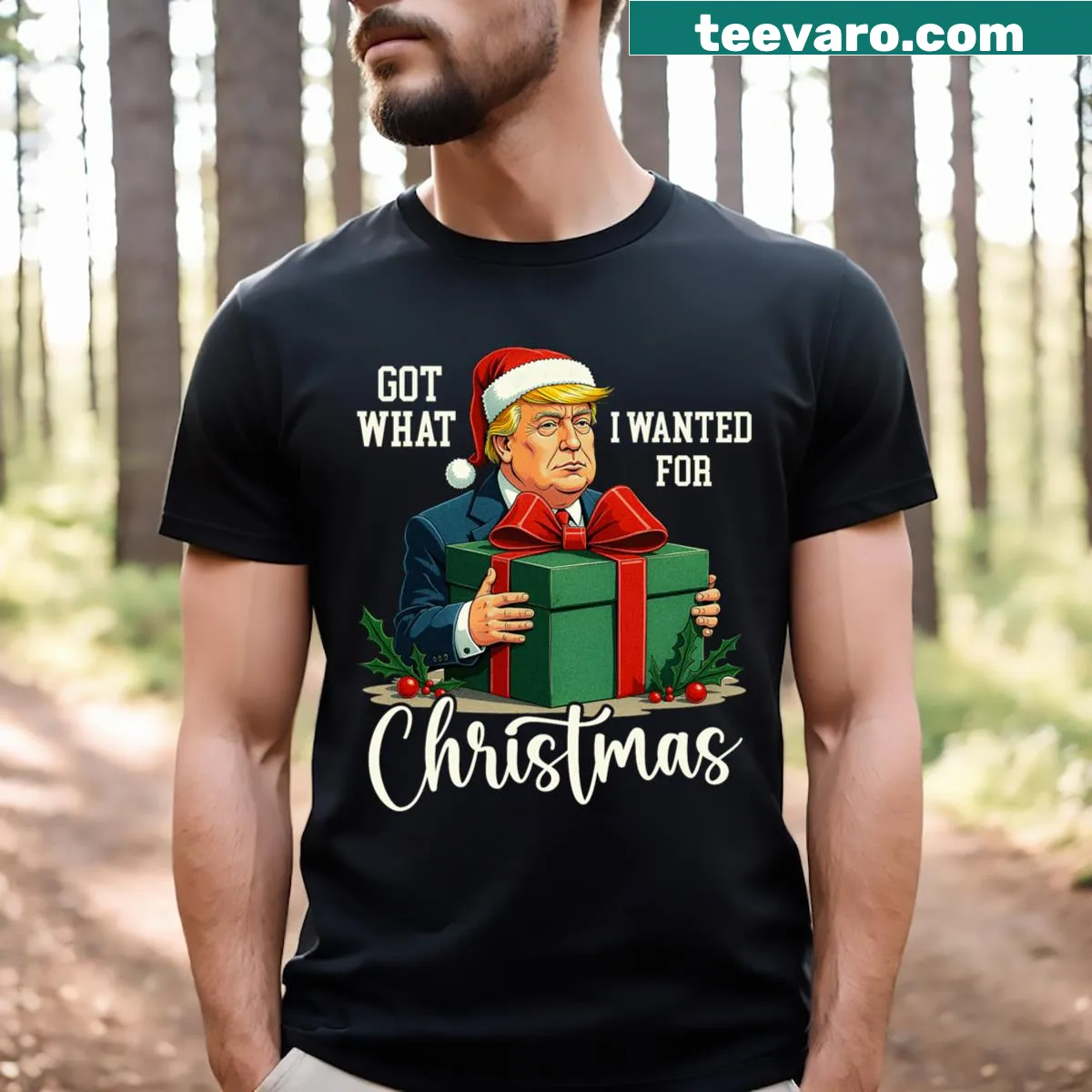 Bold Christmas T-shirt with Santa, Trump, and text — on a men's t-shirt