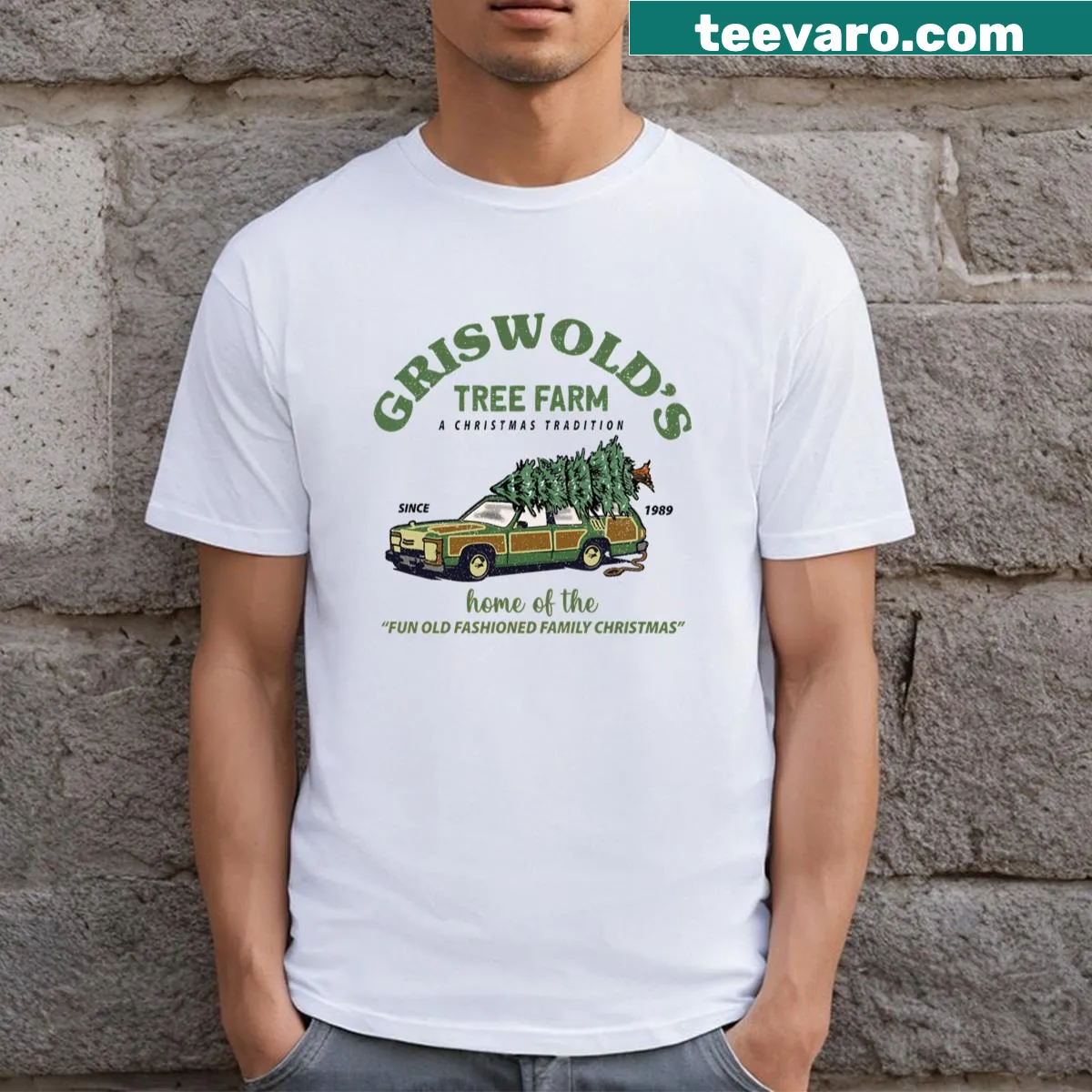 Vintage distressed Griswold's Tree Farm Family Christmas T-shirt — on a men's t-shirt