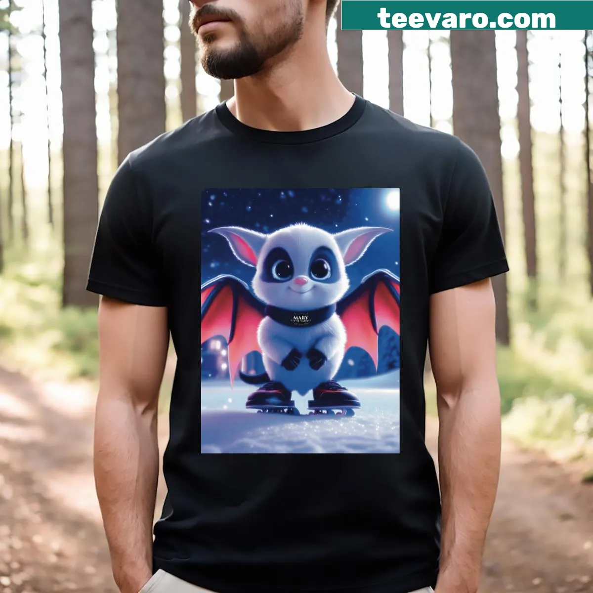 Whimsical T-shirt featuring a bat ice skating in winter — on a men's t-shirt