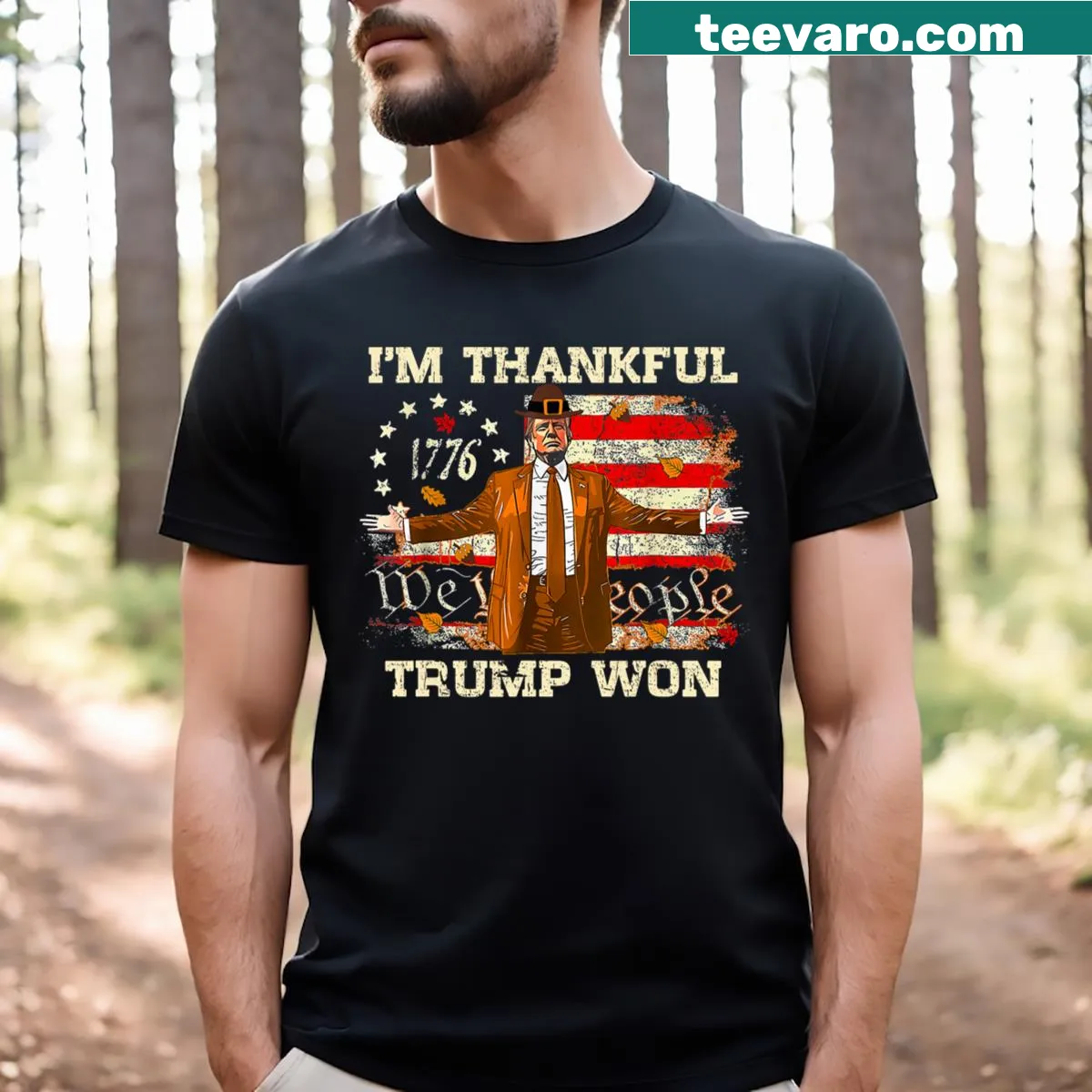 Thanksgiving T-shirt featuring a turkey and the phrase 'I'm Thankful Trump Won' — on a men's t-shirt