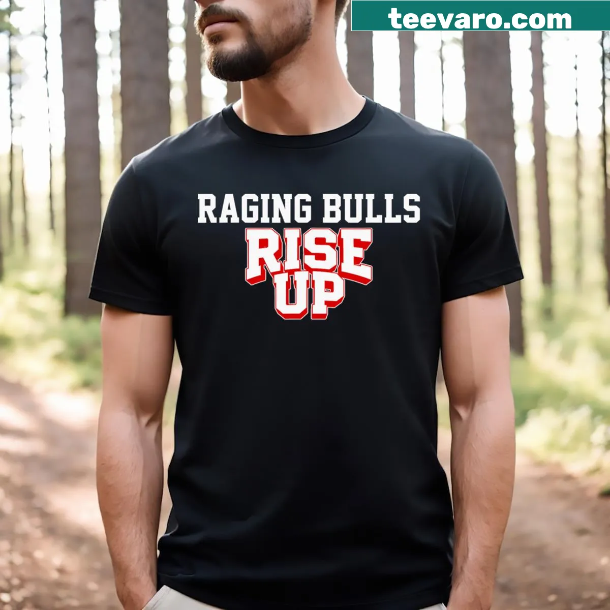 Patriotic T-shirt with the phrase Independence Raging Bulls Rise Up — on a men's t-shirt