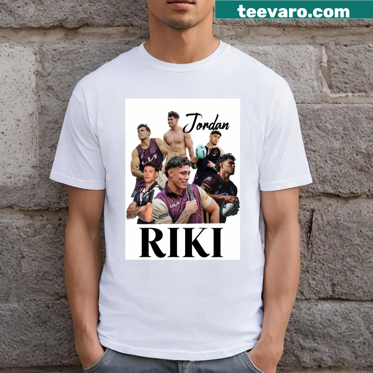 Collage T-shirt featuring various aspects of Jordan Riki's journey. — on a men's t-shirt