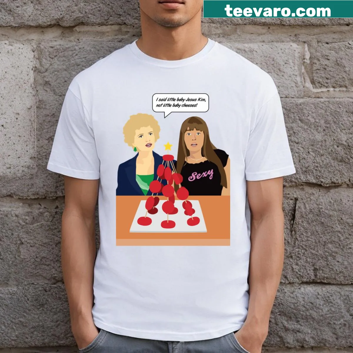 Vintage-style T-shirt featuring cartoon baby cheeses from Kath Kim. — on a men's t-shirt
