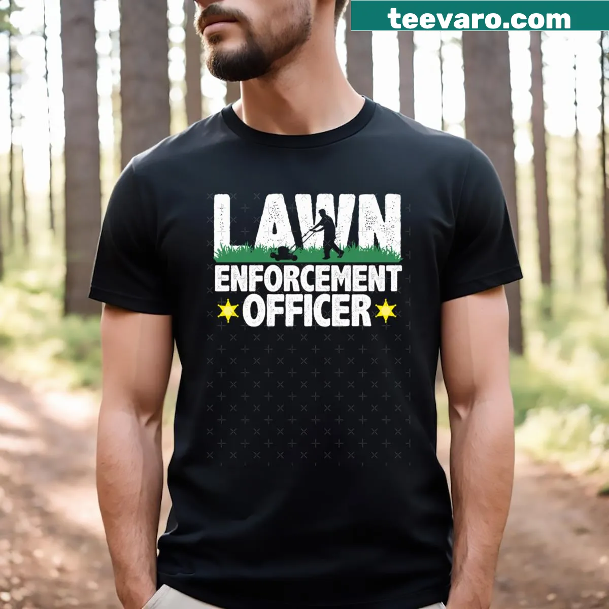 Funny gardening T-shirt with 'Lawn Enforcement Officer' text — on a men's t-shirt