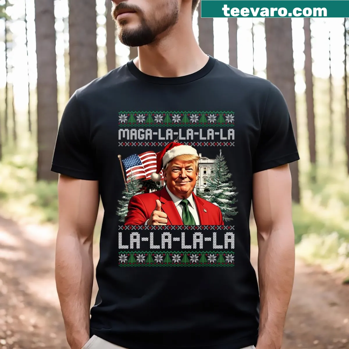 Ugly Christmas T-shirt with humorous Santa and political message — on a men's t-shirt