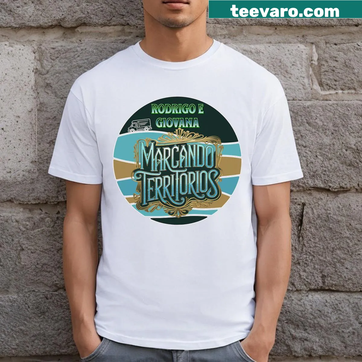 Travel-themed t-shirt with bold typography — on a men's t-shirt