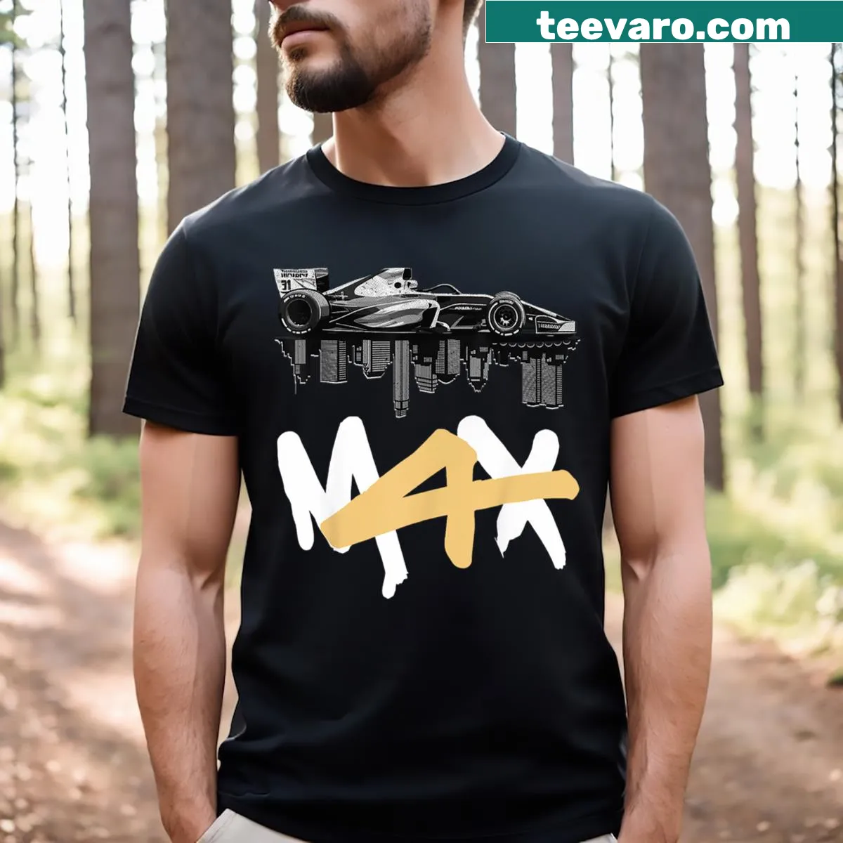 Bold typography t-shirt featuring Max Championship design — on a men's t-shirt