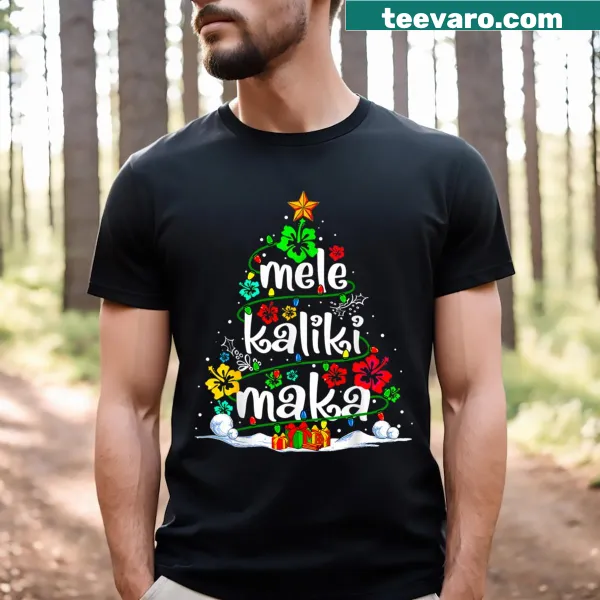 Tropical Christmas T-shirt with Hawaiian Santa and Xmas Tree