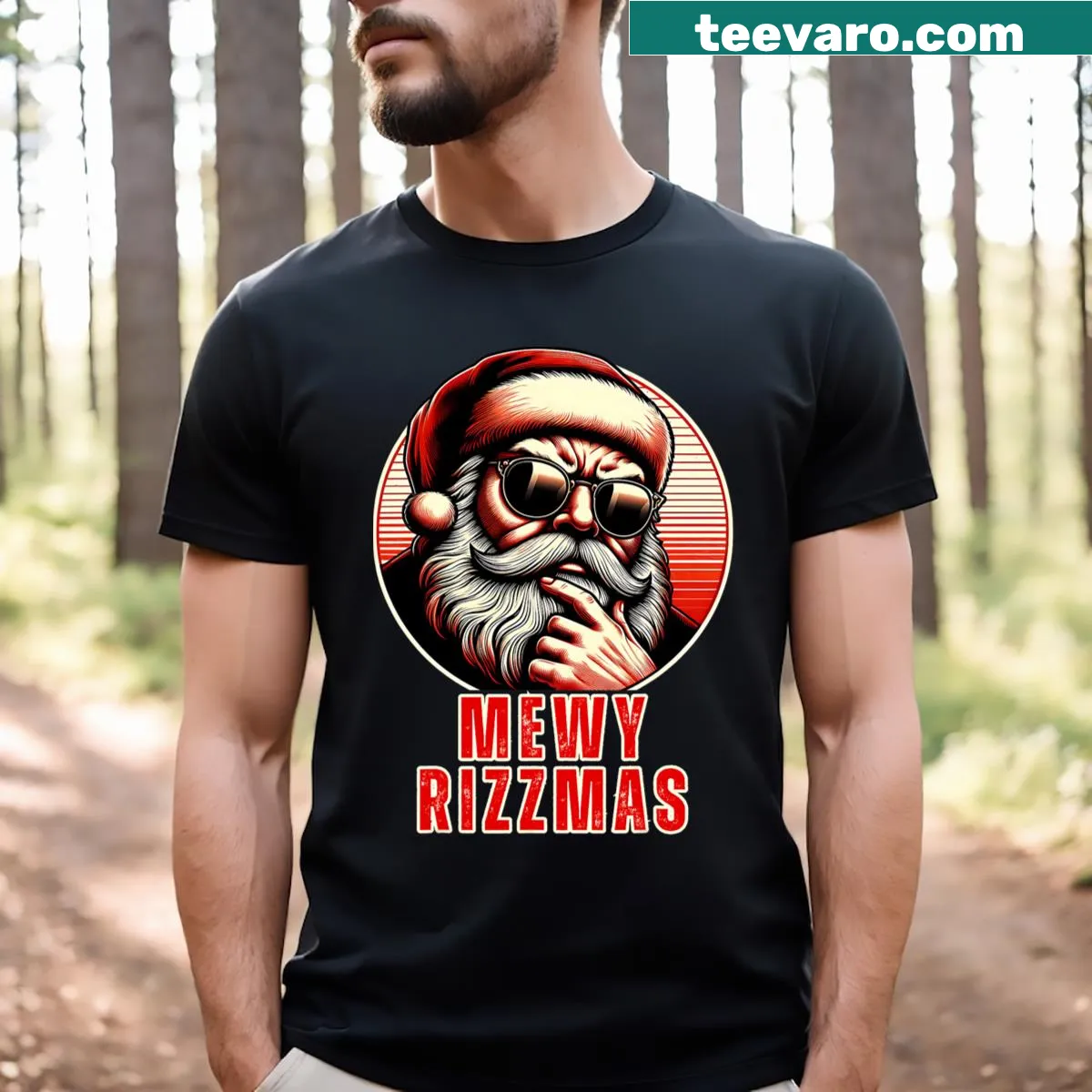 Funny Santa and cat theme for Christmas celebration — on a men's t-shirt