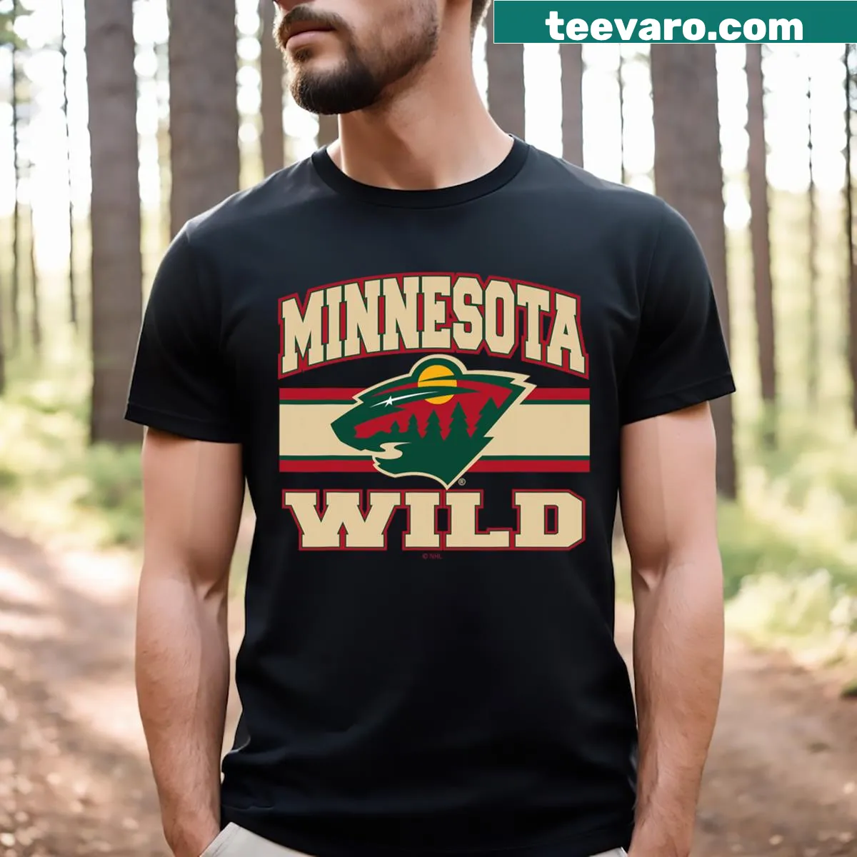 Official Minnesota Wild hockey t-shirt with stripes — on a men's t-shirt