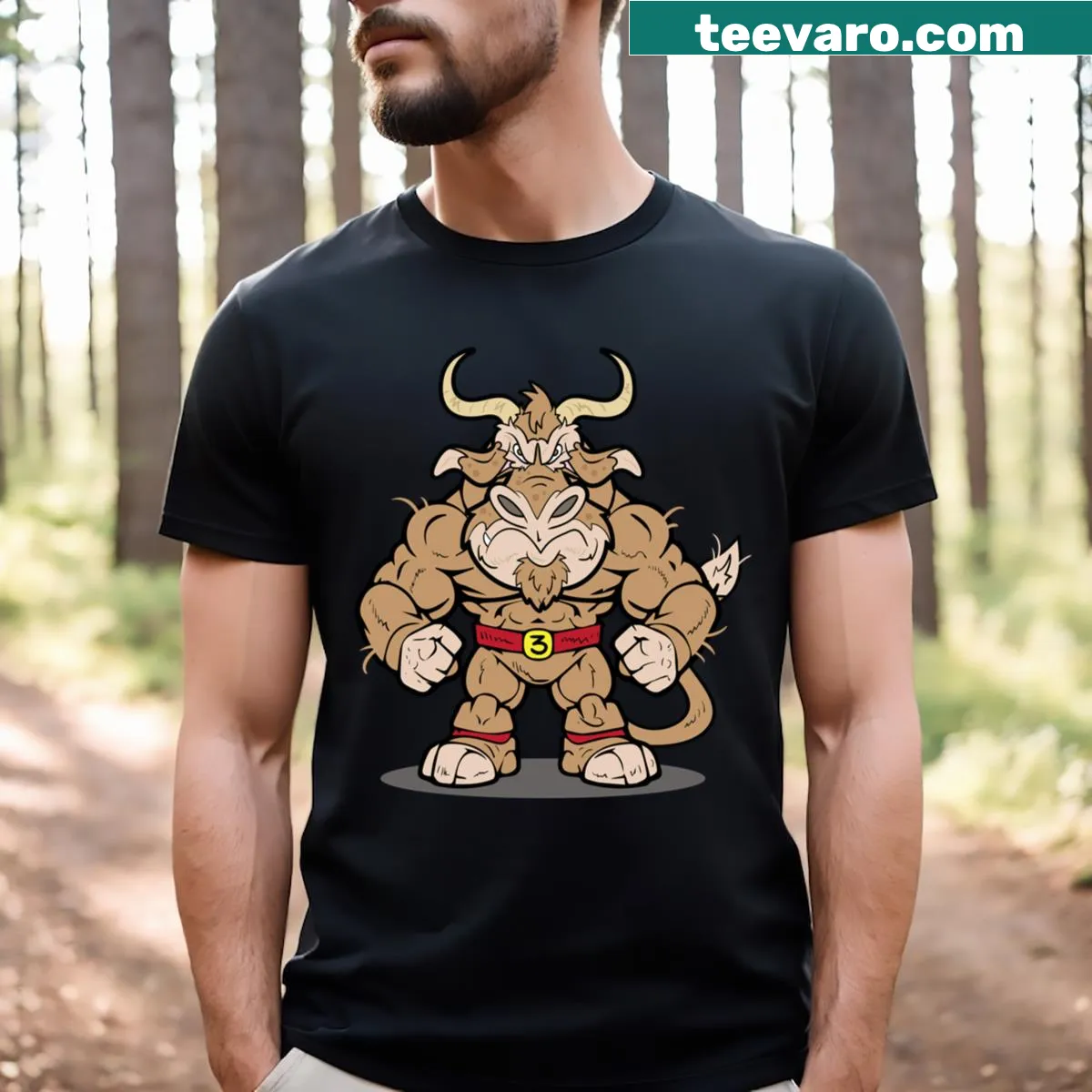 Graphic T-shirt featuring a muscle bound bull illustration. — on a men's t-shirt