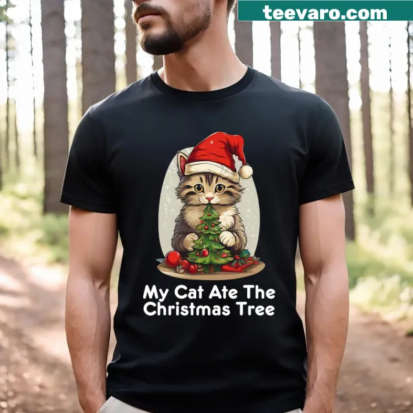 Funny Christmas shirt with a cat and tree illustration