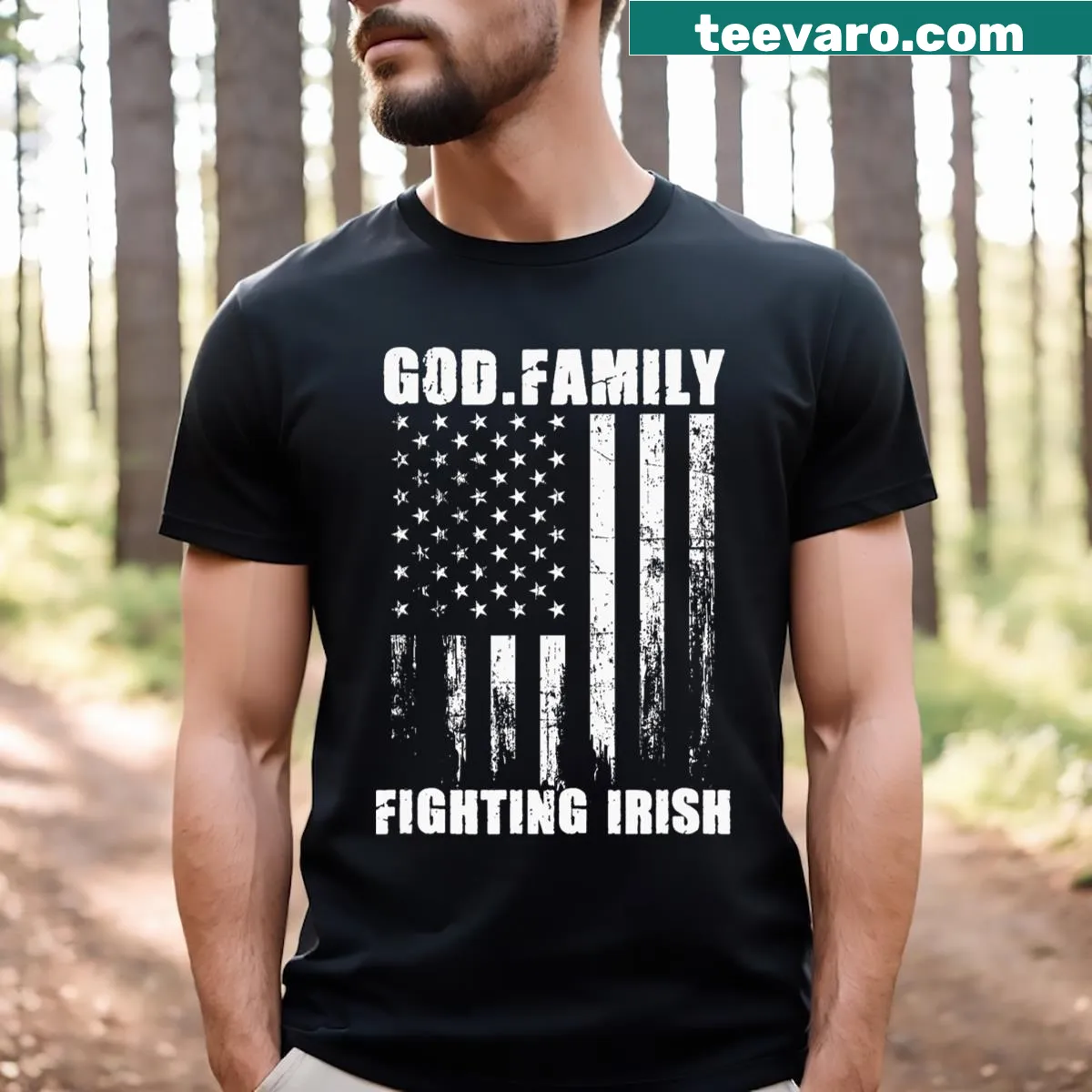 Notre Dame T-shirt featuring a vintage USA flag and the Fighting Irish logo — on a men's t-shirt