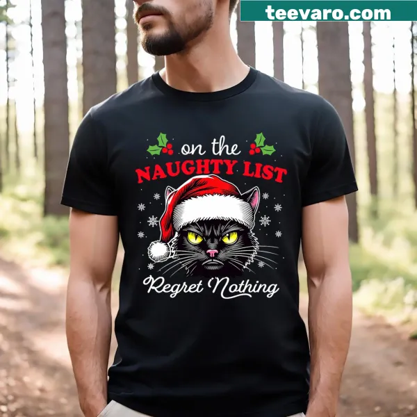Funny Christmas Cat T-shirt with naughty list text