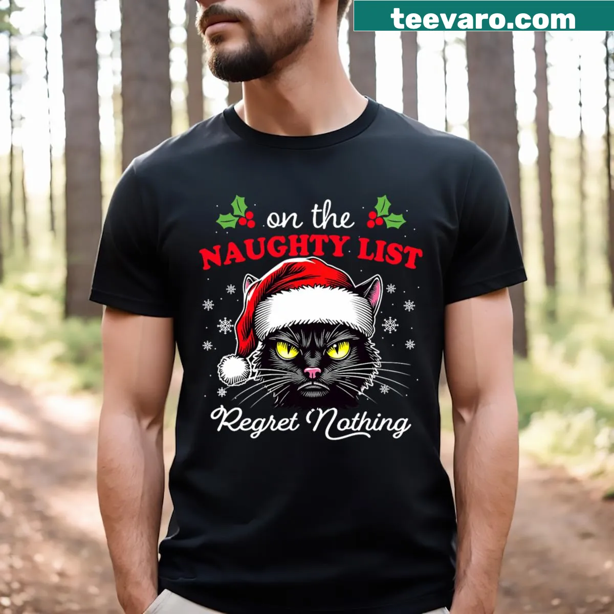 Funny Christmas Cat T-shirt with naughty list text — on a men's t-shirt