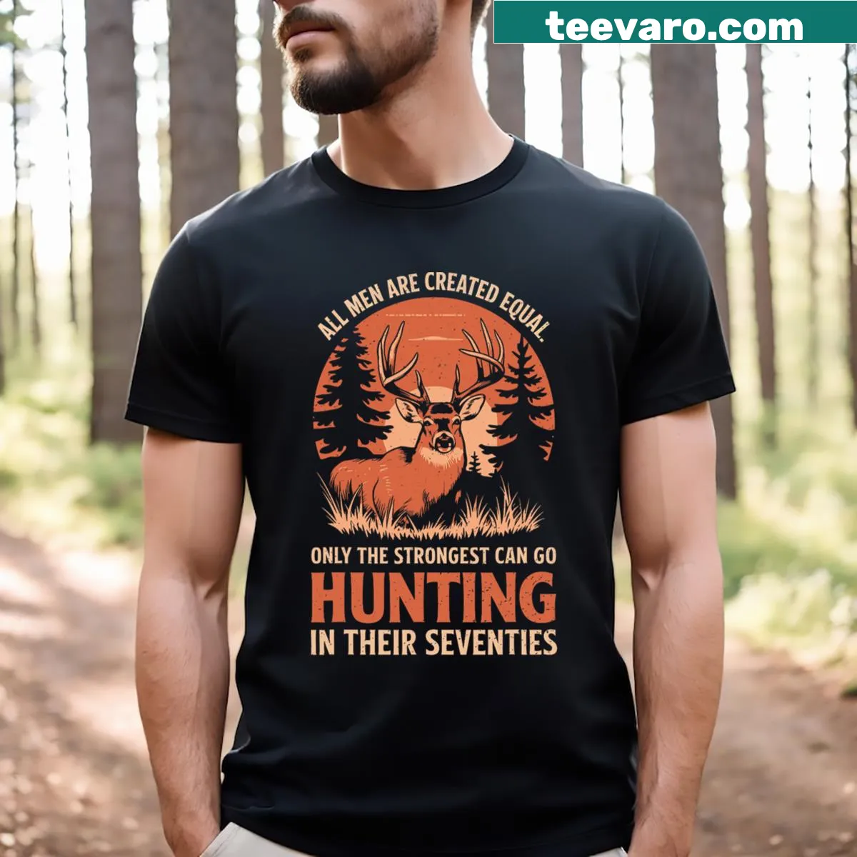 Badge-style T-shirt celebrating hunting in the seventies — on a men's t-shirt