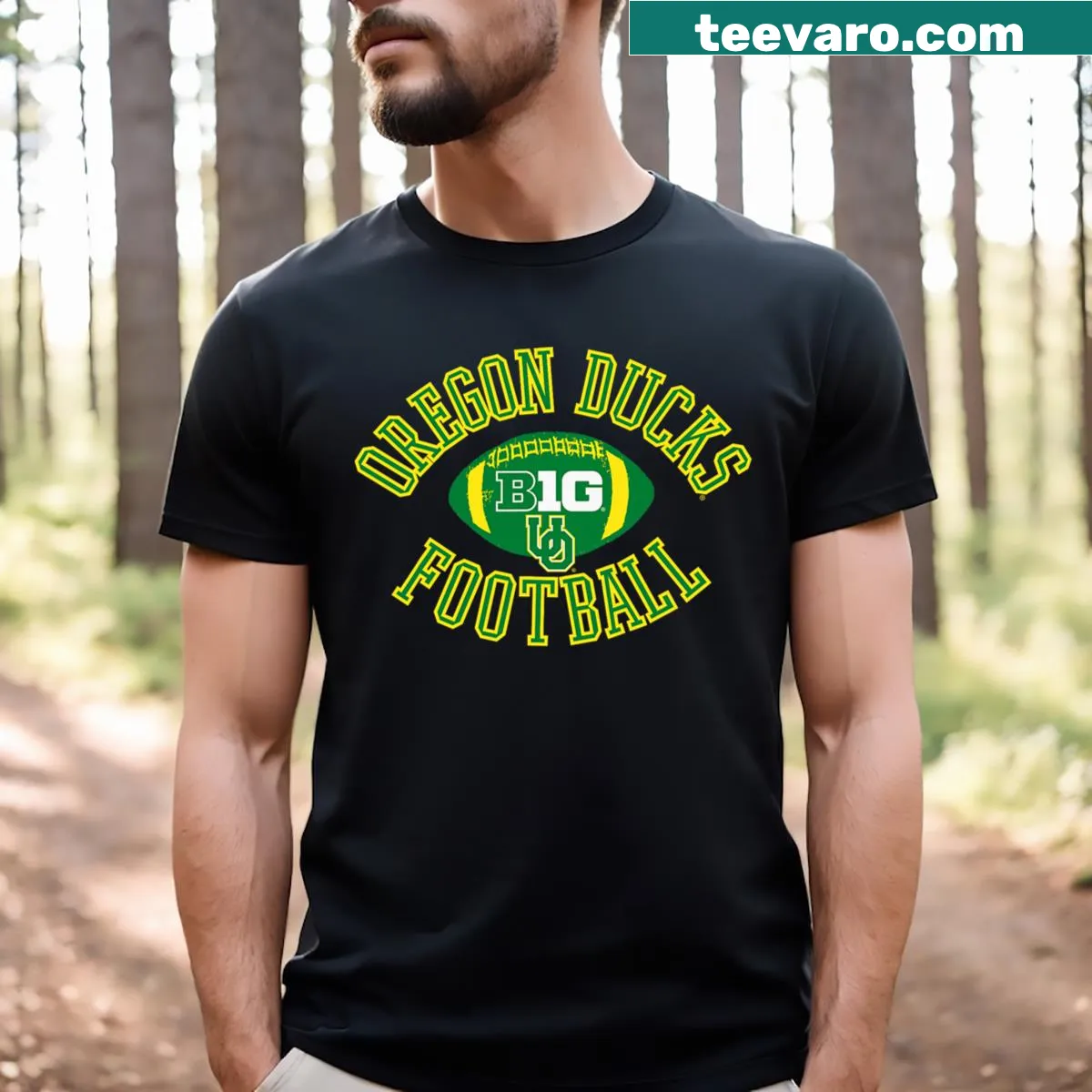 Oregon Ducks T-shirt with huddle emblem design for college football fans — on a men's t-shirt