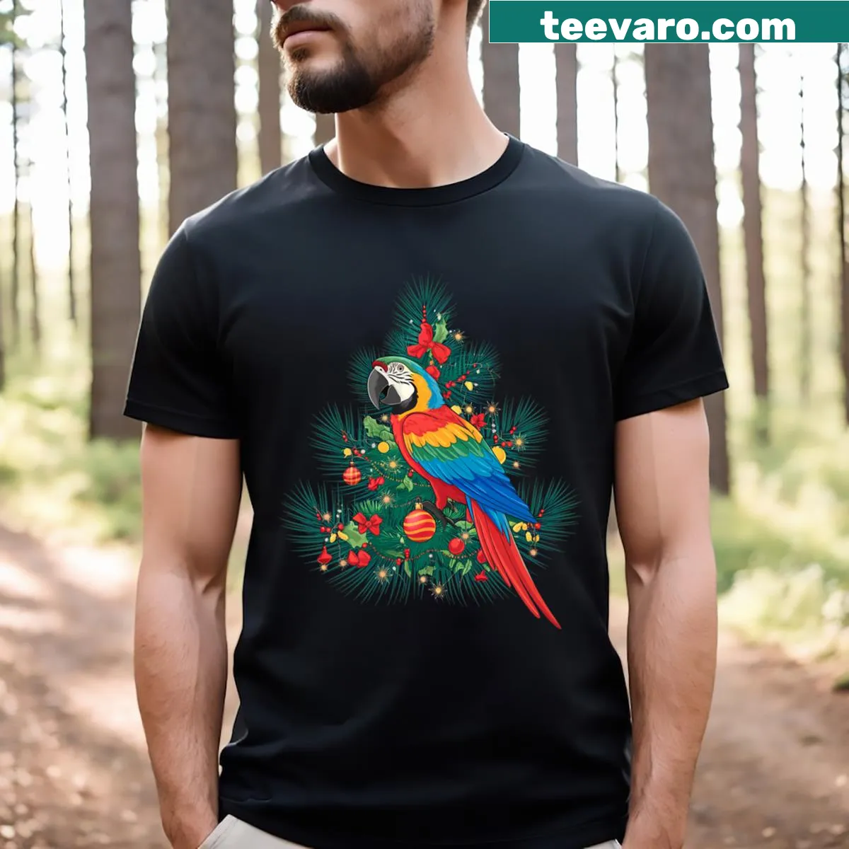 Parrot Christmas Tree illustration for bird lovers — on a men's t-shirt