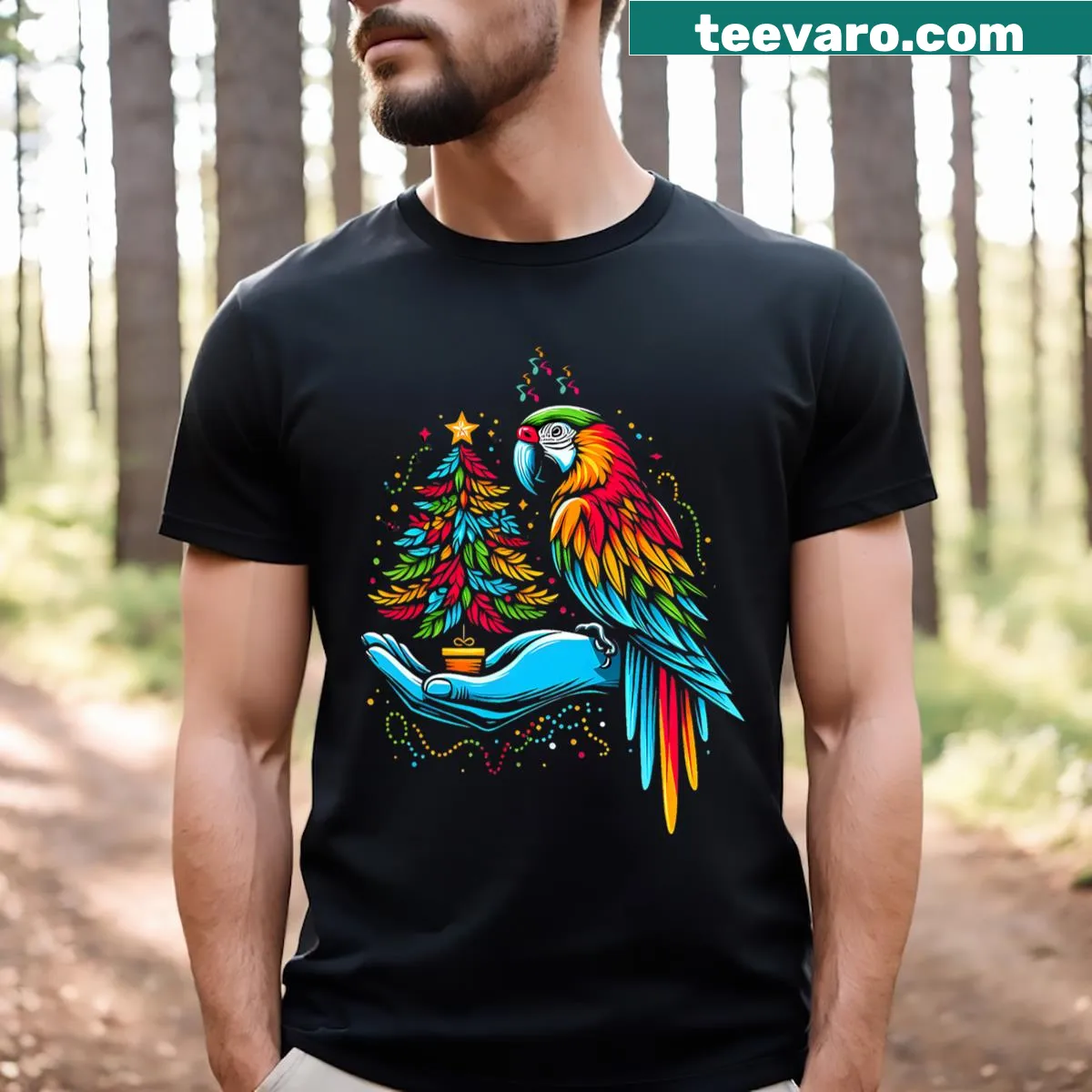 Parrots around a Christmas tree illustration for bird lovers — on a men's t-shirt