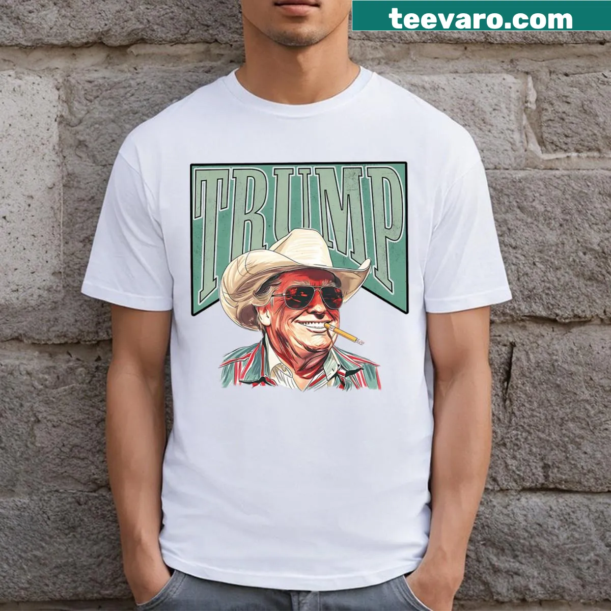 Bold typography and cowboy elements supporting Trump and MAGA. — on a men's t-shirt