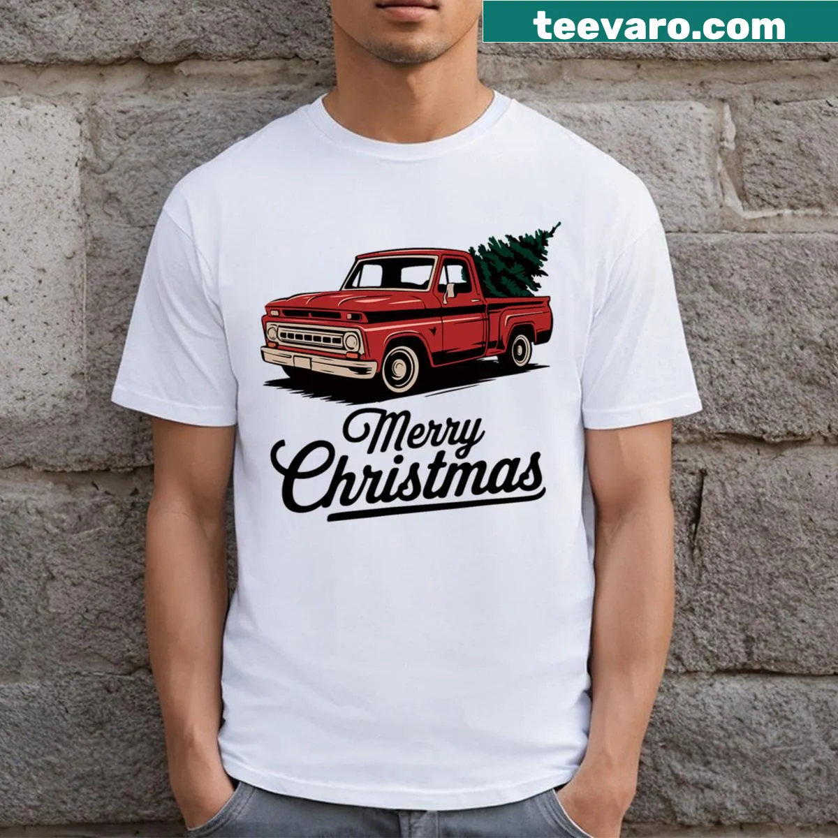 Vintage T-shirt with a red pickup truck carrying a Christmas tree — on a men's t-shirt