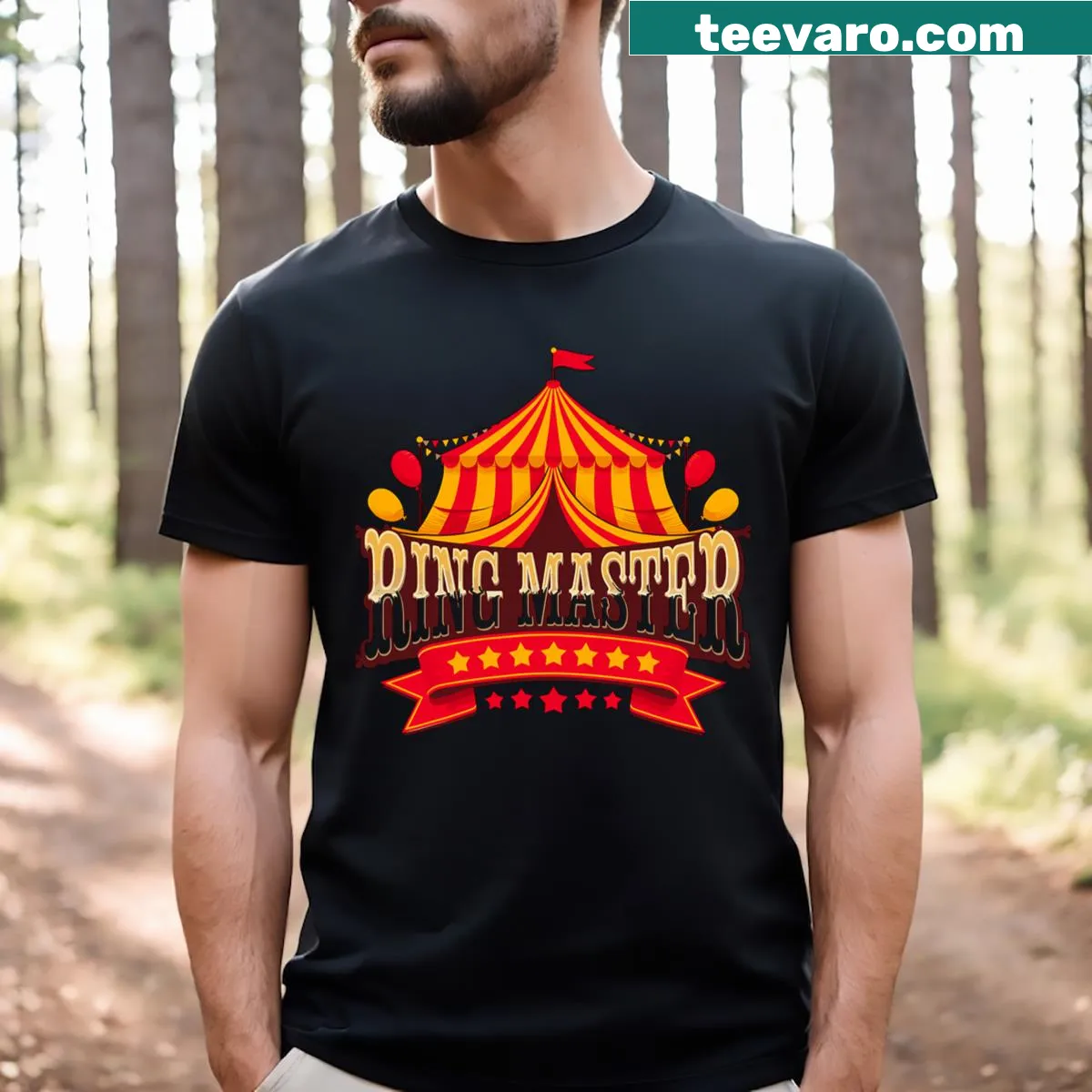Whimsical Ring Master circus staff t-shirt design — on a men's t-shirt