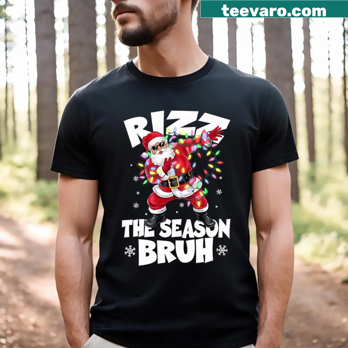 Funny Christmas T-shirt with Santa and 'Rizz The Season' text — on a men's t-shirt
